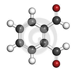 Phthalaldehyde (ortho-phthalaldehyde, OPA) disinfectant molecule.  3D rendering. Atoms are represented as spheres with photo