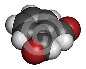 Phthalaldehyde (ortho-phthalaldehyde, OPA) disinfectant molecule.  3D rendering. Atoms are represented as spheres with photo