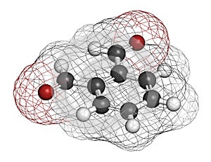 Phthalaldehyde (ortho-phthalaldehyde, OPA) disinfectant molecule.  3D rendering. Atoms are represented as spheres with photo