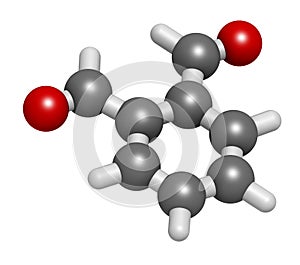 Phthalaldehyde ortho-phthalaldehyde, OPA disinfectant molecule. 3D rendering. Atoms are represented as spheres with. photo