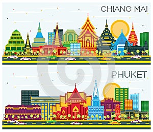 Phuket and Chiang Mai Thailand City Skylines Set with Color Buildings and Blue Sky