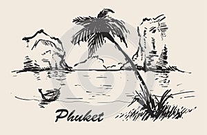 Phuket island Thailand beach hand drawn sketch ilustration.