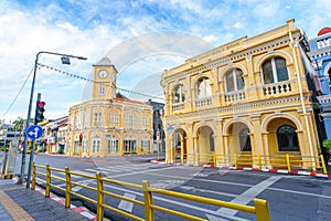 Phuket old town with Building Sino Portuguese architecture at Phuket Old Town area Phuket, Thailand photo