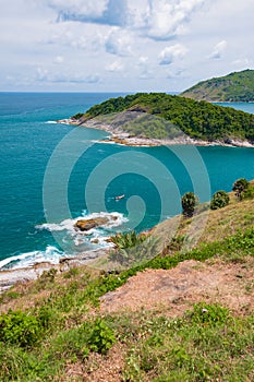 Phuket Promthep Cape View Point Famous tourist attractions in Thailand On a clear day, the blue sky contrasts with the white cloud