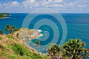 Phuket Promthep Cape View Point Famous tourist attractions in Thailand On a clear day, the blue sky contrasts with the white cloud