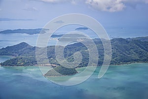 Phuket Thailand aerial drone bird`s eye view photo of tropical sea, Indian Ocean, coast with Beautiful island south of Bangkok in