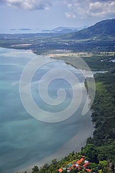 Phuket Thailand aerial drone bird`s eye view photo of tropical sea, Indian Ocean, coast with Beautiful island south of Bangkok in