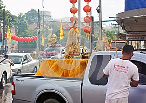 Phuket Town / Thailand - October 7, 2019: Phuket Vegetarian Festival or Nine Emperor Gods Festival street procession, parade with