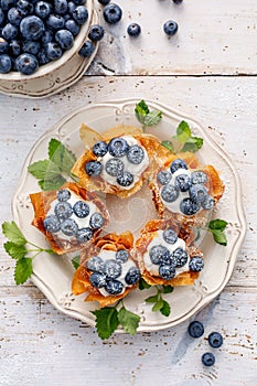 Phyllo cups with Mascarpone cheese filling topped with fresh blueberries sprinkled with powder sugar on a white plate close up.