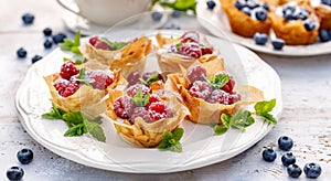 Phyllo cups with Mascarpone cheese filling topped with fresh raspberries and mint on a white plate.