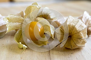 Physalis peruviana orange ripened fruits in husk on wooden table