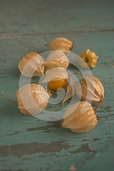 Physalis peruviana ripened orange yellow cape gooseberry goldenberry edible tasty ingredient fruits spread on wooden background