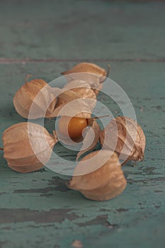 Physalis peruviana ripened orange yellow cape gooseberry goldenberry edible tasty ingredient fruits spread on wooden background