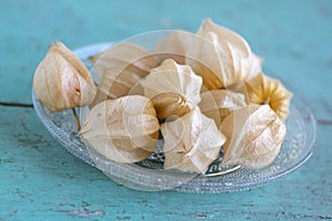 Physalis peruviana ripened orange yellow cape gooseberry goldenberry edible tasty ingredient fruits spread on wooden background