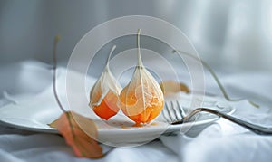 Physalis on a white plate, with a silver fork, soft morning light