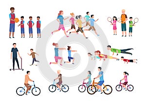 Physical activity. People flat fitness set with parents and children in sport activities. Isolated vector illustration