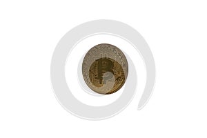 Physical bitcoin rotated isolated on white