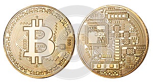 Physical bitcoin on white background. Cryptocurrency. Clipping p