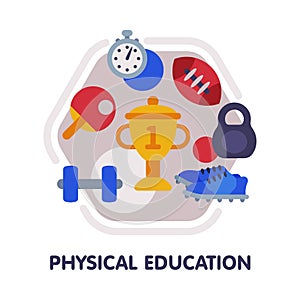 Physical Education School Subject Icon, Education and Science Discipline with Related Elements Flat Style Vector