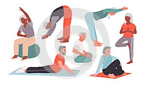 Physical exercises, sport and yoga of senior people set, elder person doing active poses