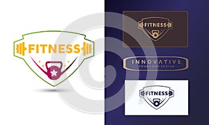 Physical fitness logo with dumbbell icon, symbol vector illustration design template
