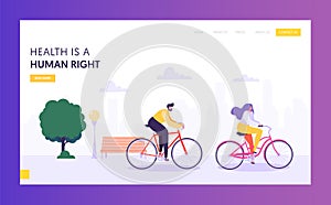 Physical Male and Female Riding Bicycle Landing Page. Healthy Lifestyle Outdoor Concept. Active People Character in Park