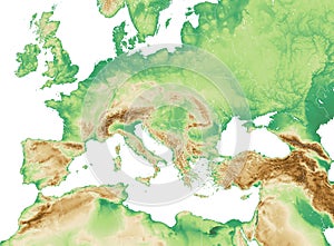 Physical map of Mediterranean and Central Europe, states and borders, North Africa and the Middle East