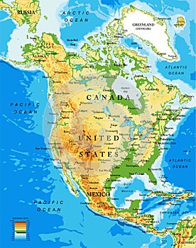 Physical map of North America