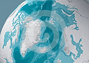 Physical map of the North Pole, Greenland. Reliefs and mountains. Bathymetry, underwater depth of ocean