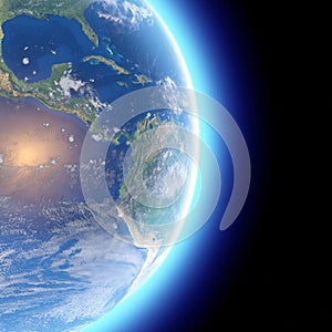 Physical map of the world, satellite view of central America. Globe. Hemisphere. Reliefs and oceans