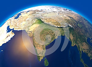 Physical map of the world, satellite view of India. Asia. Globe. Hemisphere. Reliefs and oceans