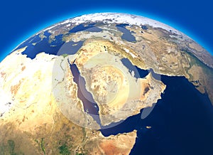 Physical map of the world, satellite view of the Middle East. Africa, Asia. Globe. Hemisphere. Reliefs and oceans.