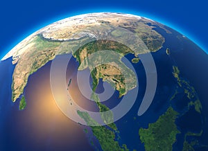 Physical map of the world, satellite view of Southeast Asia, Indonesia. Globe. Hemisphere. Reliefs and oceans