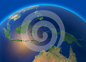 Physical map of the world, satellite view of Southeast Asia, Indonesia. Globe. Hemisphere. Reliefs and oceans