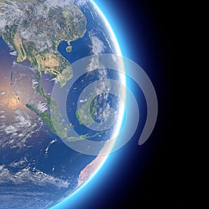 Physical map of the world, satellite view of  Southeast Asia, Indonesia. Globe. Hemisphere. Reliefs and oceans