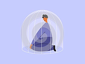 Physical, mental abuse, adolescent difficulties, teen social issue vector illustration with unhappy man sitting on knees locked in