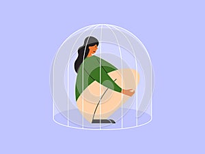 Physical, mental abuse, communication difficulties, social issue vector illustration with unhappy woman sitting hugging her knees