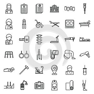 Physical therapist icons set outline vector.Woman disability