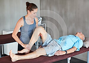 Physical therapist, legs and senior patient with physiotherapy exercise at rehabilitation center. Medical, help and