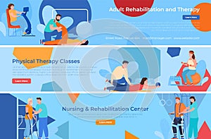 Physical therapy classes nursing rehabilitation center landing page set vector illustration