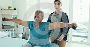 Physical therapy, dumbbell and senior woman doing arm exercise, orthopedic healing or rehabilitation training