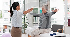 Physical therapy, senior patient and chiropractor, stretching and motion with exercise and progress in consultation