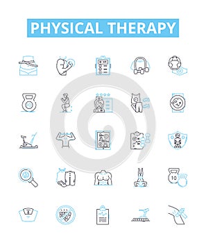 Physical therapy vector line icons set. Physiotherapy, Rehabilitation, Exercise, Massage, Movement, Musculoskeletal