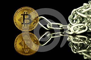 Physical version of Bitcoin new virtual money and chain. Conceptual image for investors in cryptocurrency and Blockchain