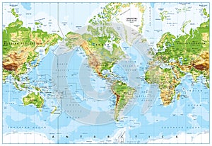 Physical World Map America Centered and Bathymetry