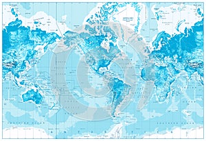 Physical World Map-America Centered photo