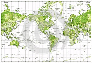 Physical World Map-America Centered-World Map