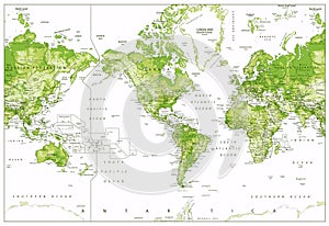 Physical World Map-America Centered-World Map In Colors of Green