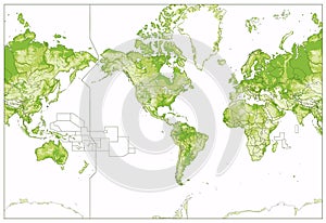 Physical World Map-America Centered-World Map In Colors of Green Isolated on white