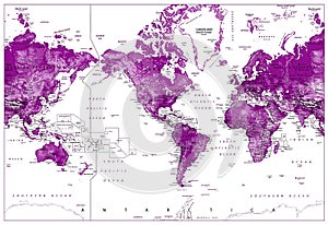 Physical World Map-America Centered-World Map In Colors of Purple